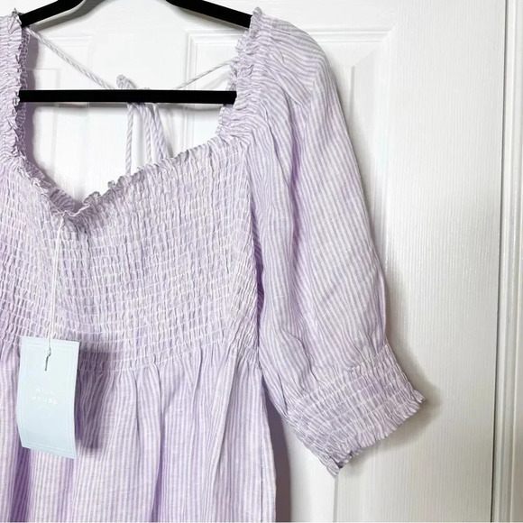 HILL HOUSE Athena Midi Nap Dress Linen Lilac Stripe Size XL Romantic Pockets - Picture 3 of 10